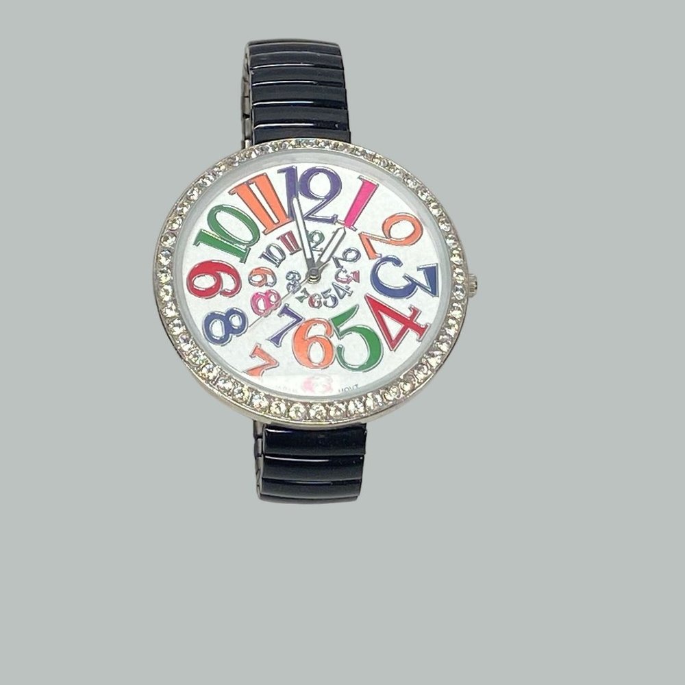 Geneva Platinum Womens Stretch Black Band Round Rhinestone Face Colorful Numbers